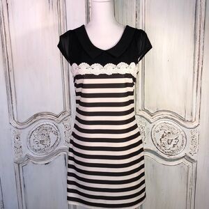 Umisky / Young Short Puff Sheer Sleeves with Lace Detailing Pointed Collar Dress